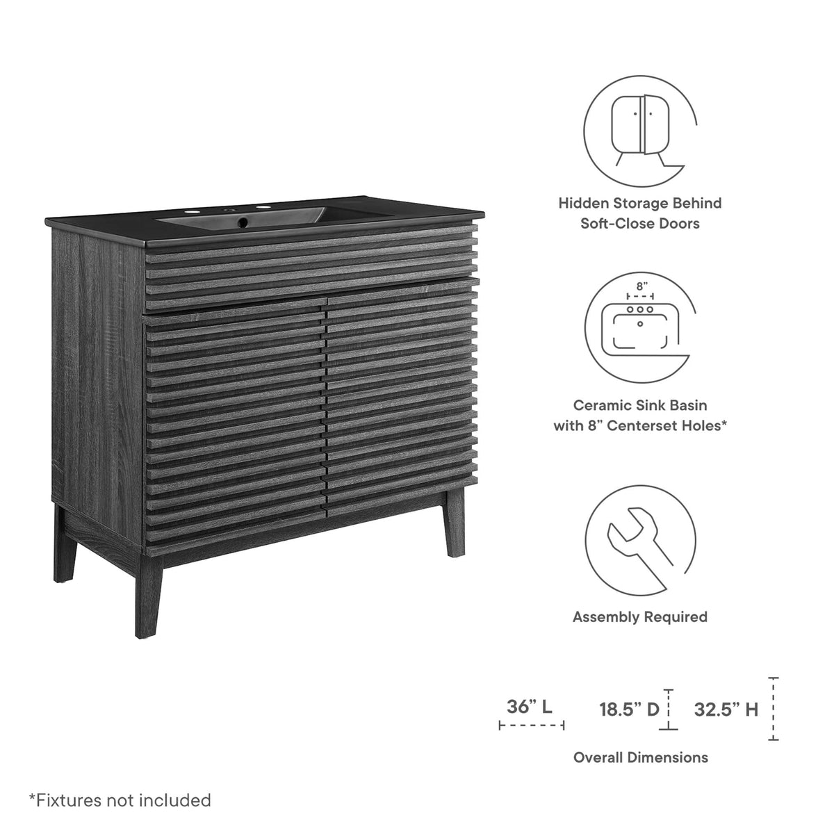 Render 36" Bathroom Vanity by Modway - Charcoal Black / Oak Black / Walnut Black