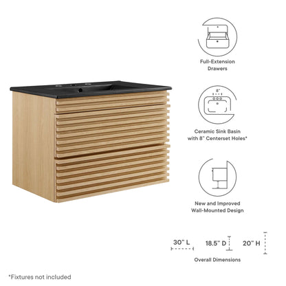 Render 30" Wall-Mount Bathroom Vanity by Modway - Oak Black / Walnut Black