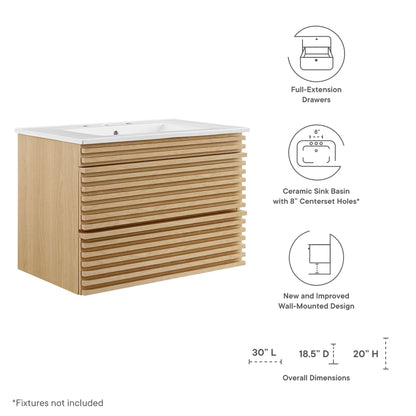 Render 30" Wall-Mount Bathroom Vanity by Modway - Oak White / Walnut White