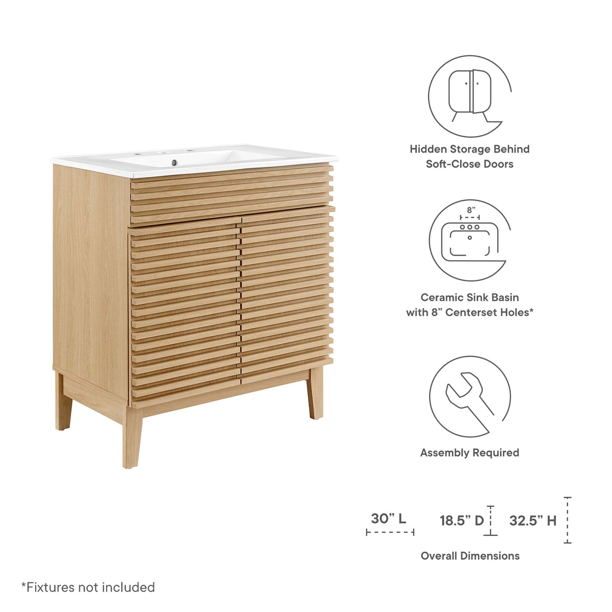 Render 30" Bathroom Vanity Cabinet by Modway - Charcaol White / Oak White / Walnut White