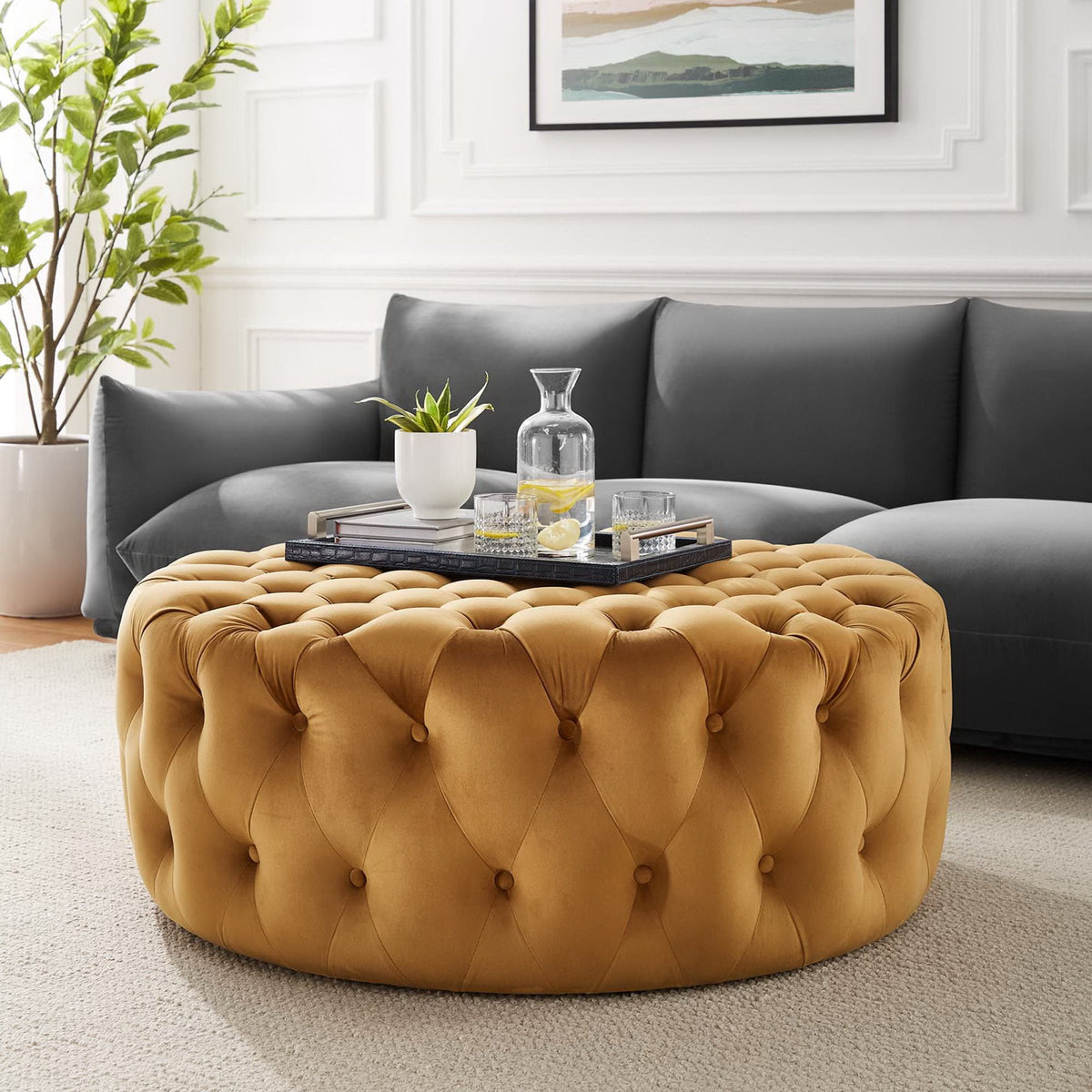 Amour Tufted Button Large Round Performance Velvet Ottoman by Modway