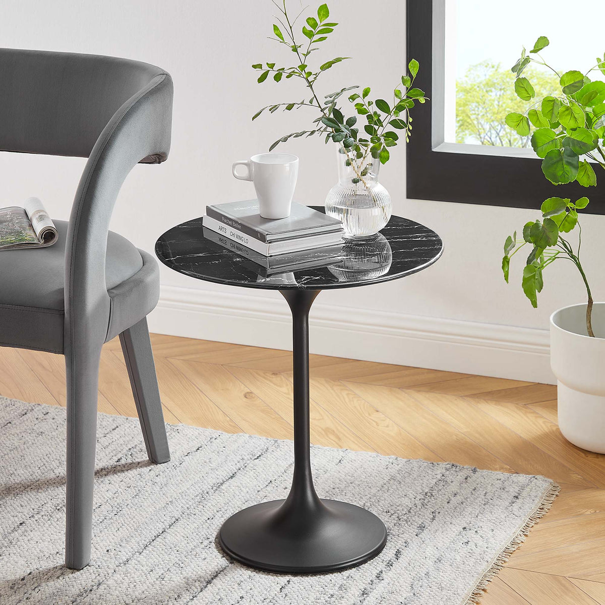 Lippa 20" Round Faux Marble Side Table by Modway - Black Black / Black White