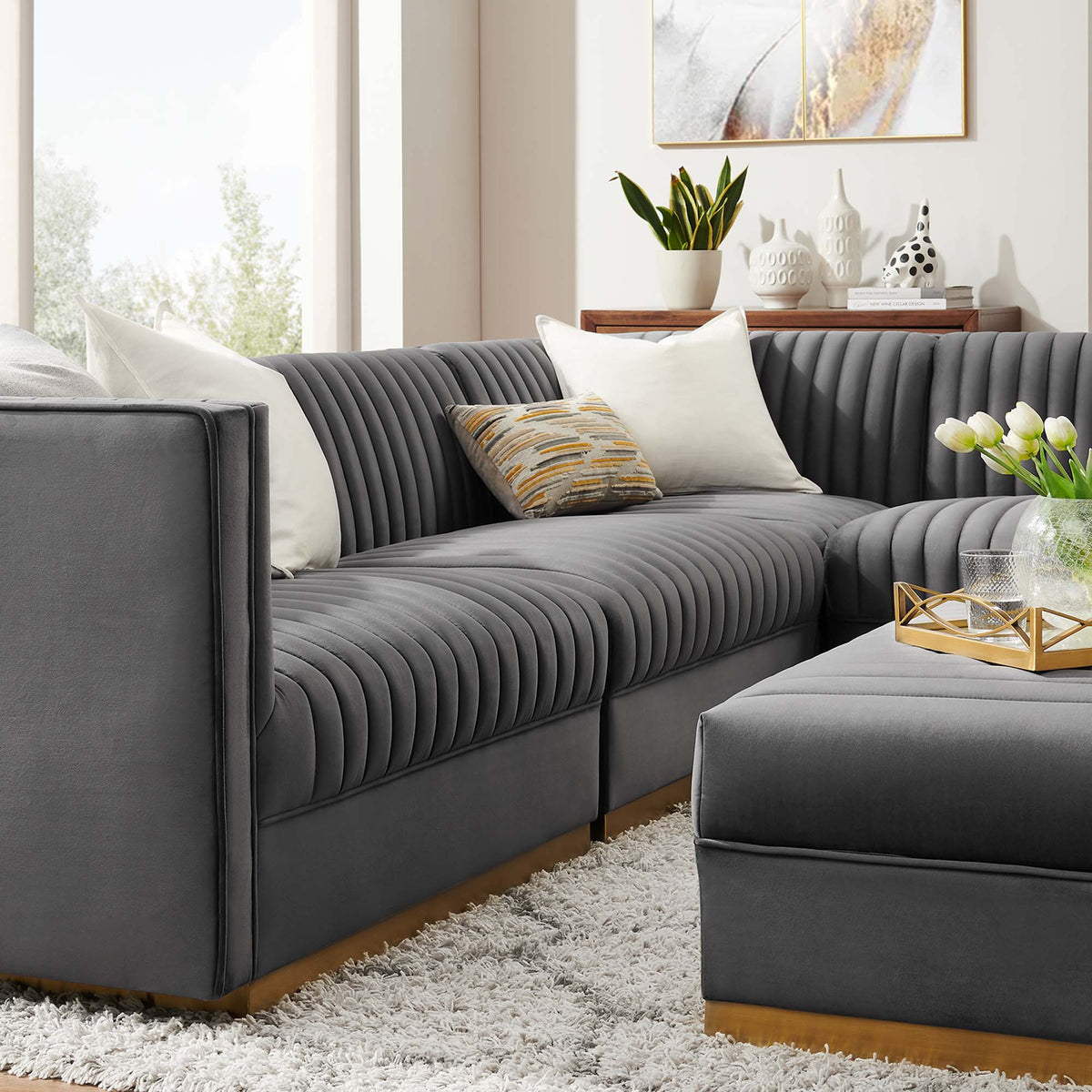 Sanguine 5-Piece Channel Tufted Performance Velvet Right-Facing Modular Sectional Sofa by Modway