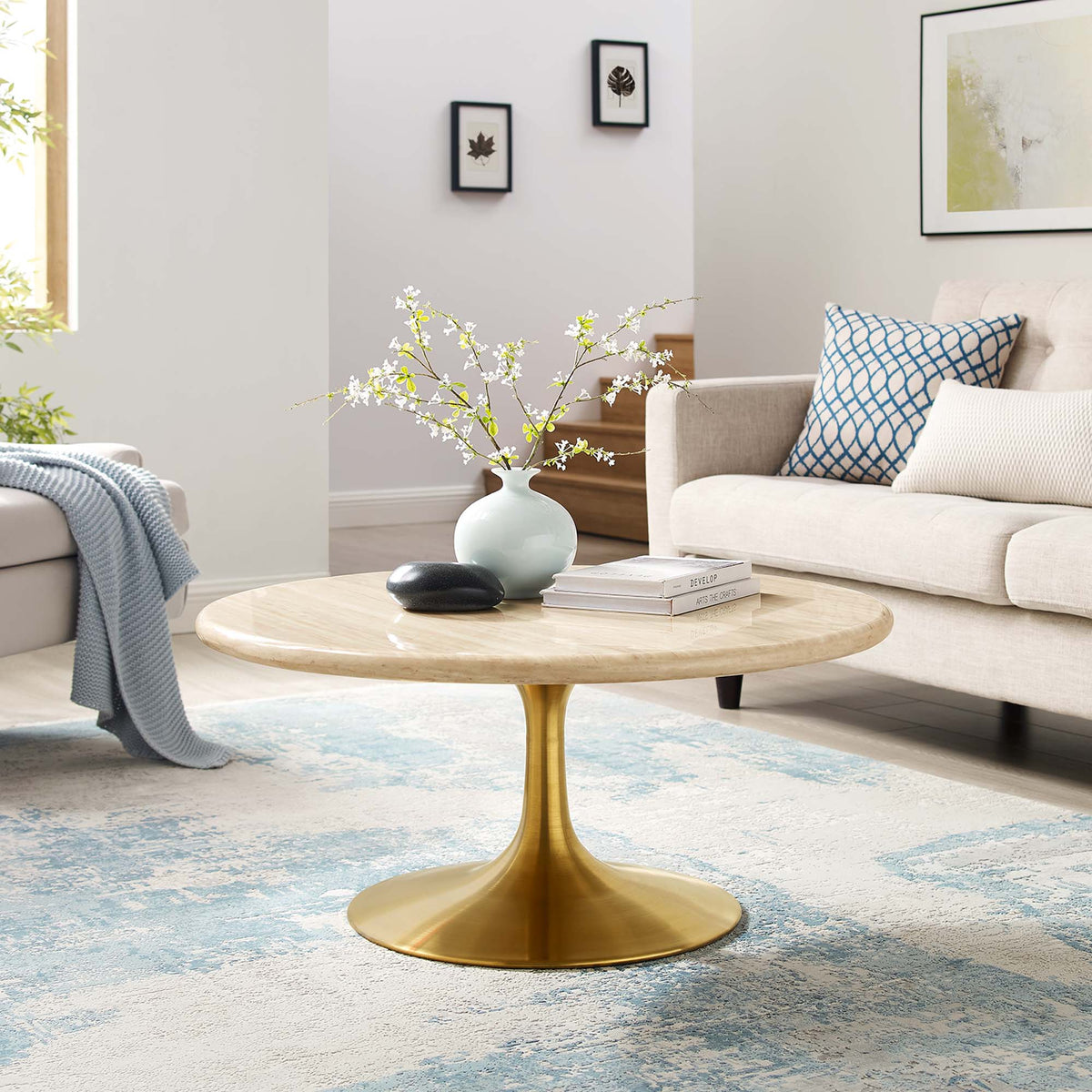 Lippa 36" Round Faux Travertine Coffee Table by Modway - EEI-6753
