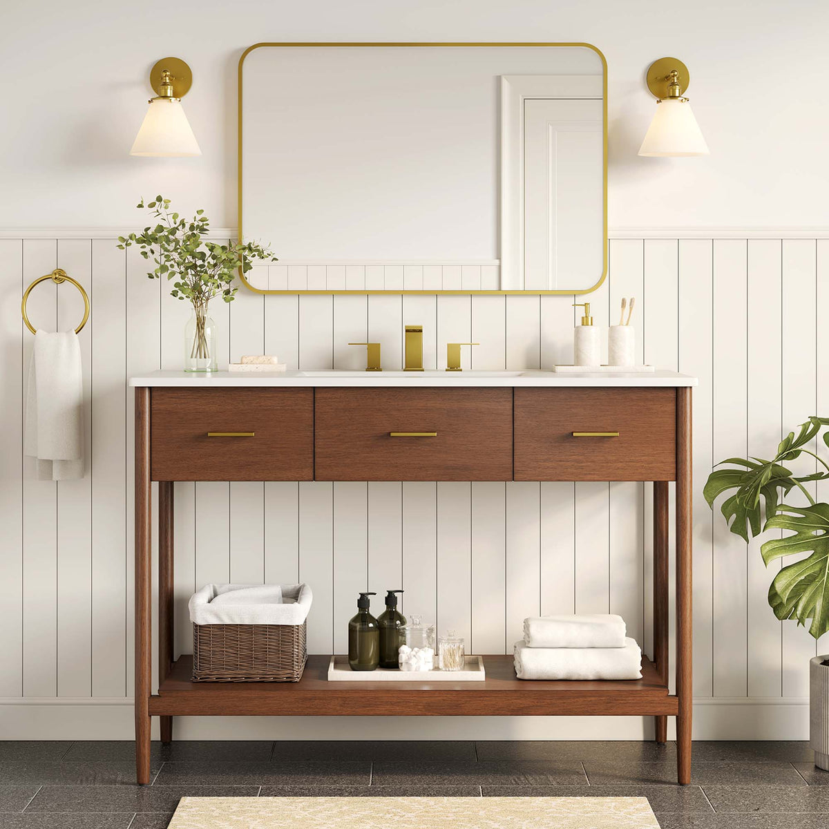 Zaire 48" Single Sink Bathroom Vanity by Modway - Natural White / Walnut White