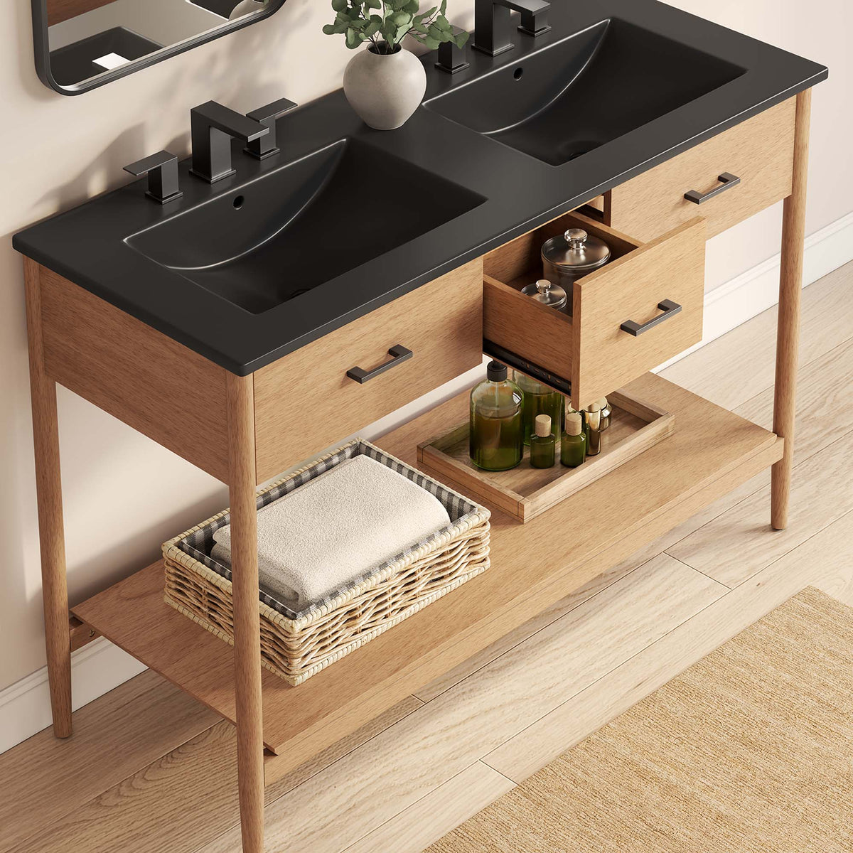 Zaire 48" Double Sink Bathroom Vanity by Modway - Natural Black / Walnut Black
