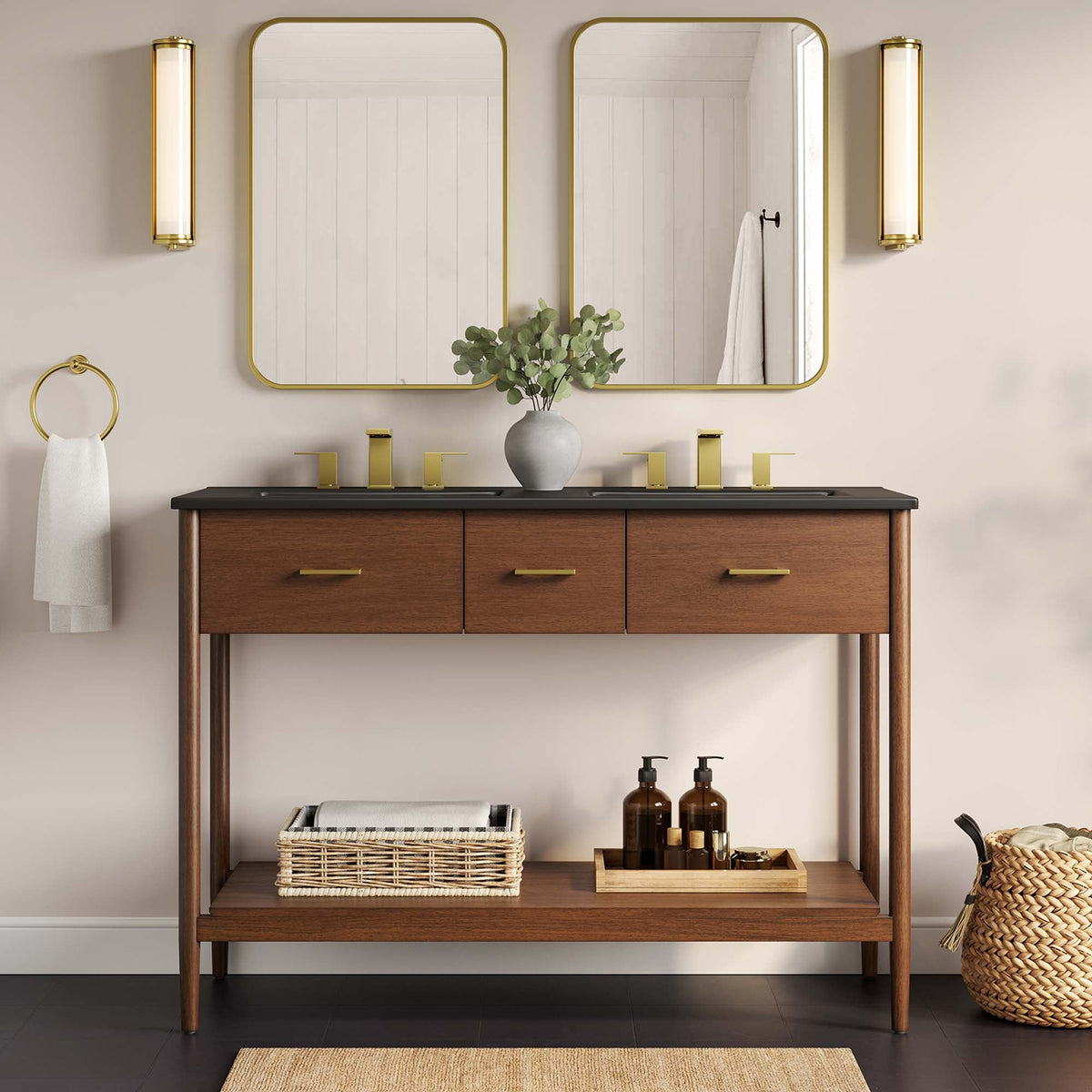 Zaire 48" Double Sink Bathroom Vanity by Modway - Natural Black / Walnut Black
