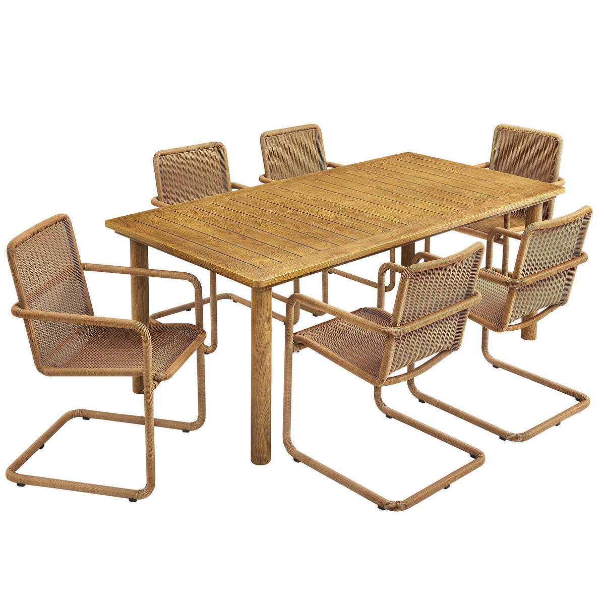 Abacus 7-Piece Rectangular Outdoor Patio Aluminum Dining Table Set with Rattan Armchairs