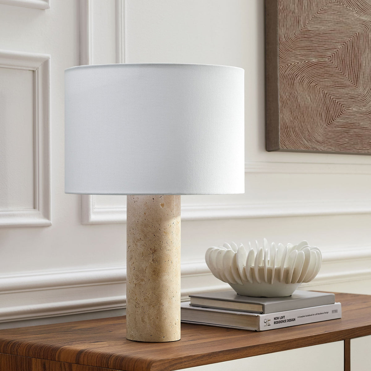 Zenith Travertine Table Lamp With Fabric Drum Shade by Modway