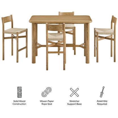 Alvia 5-Piece Rectangular Oak Wood Bar Table With Bar Stools Set by Modway