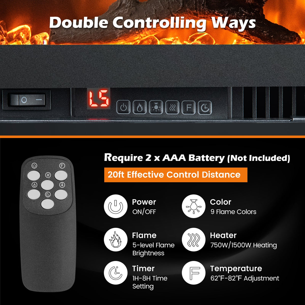 Electric Fireplace in-Wall Recessed with Remote Control and Adjustable Color and Brightness