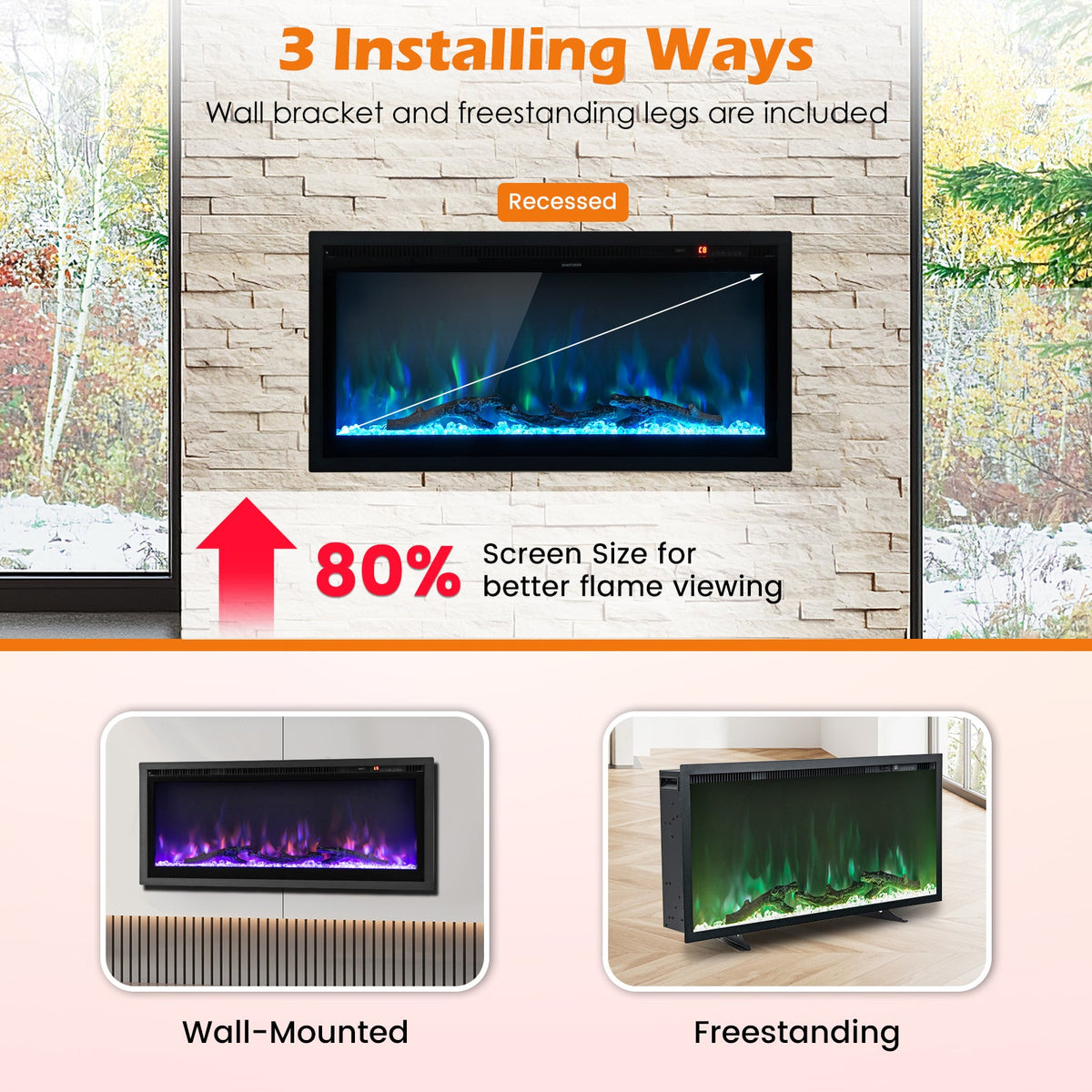 Electric Fireplace in-Wall Recessed with Remote Control and Adjustable Color and Brightness