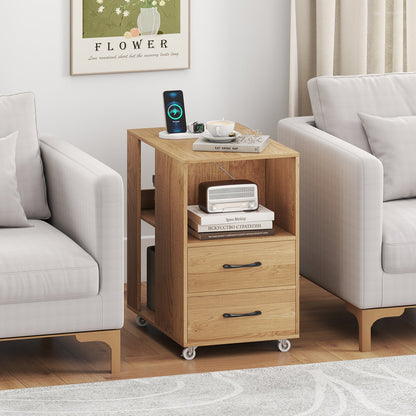 End Table with Built-in Charging Station Sofa Side Bedside Table on Wheels