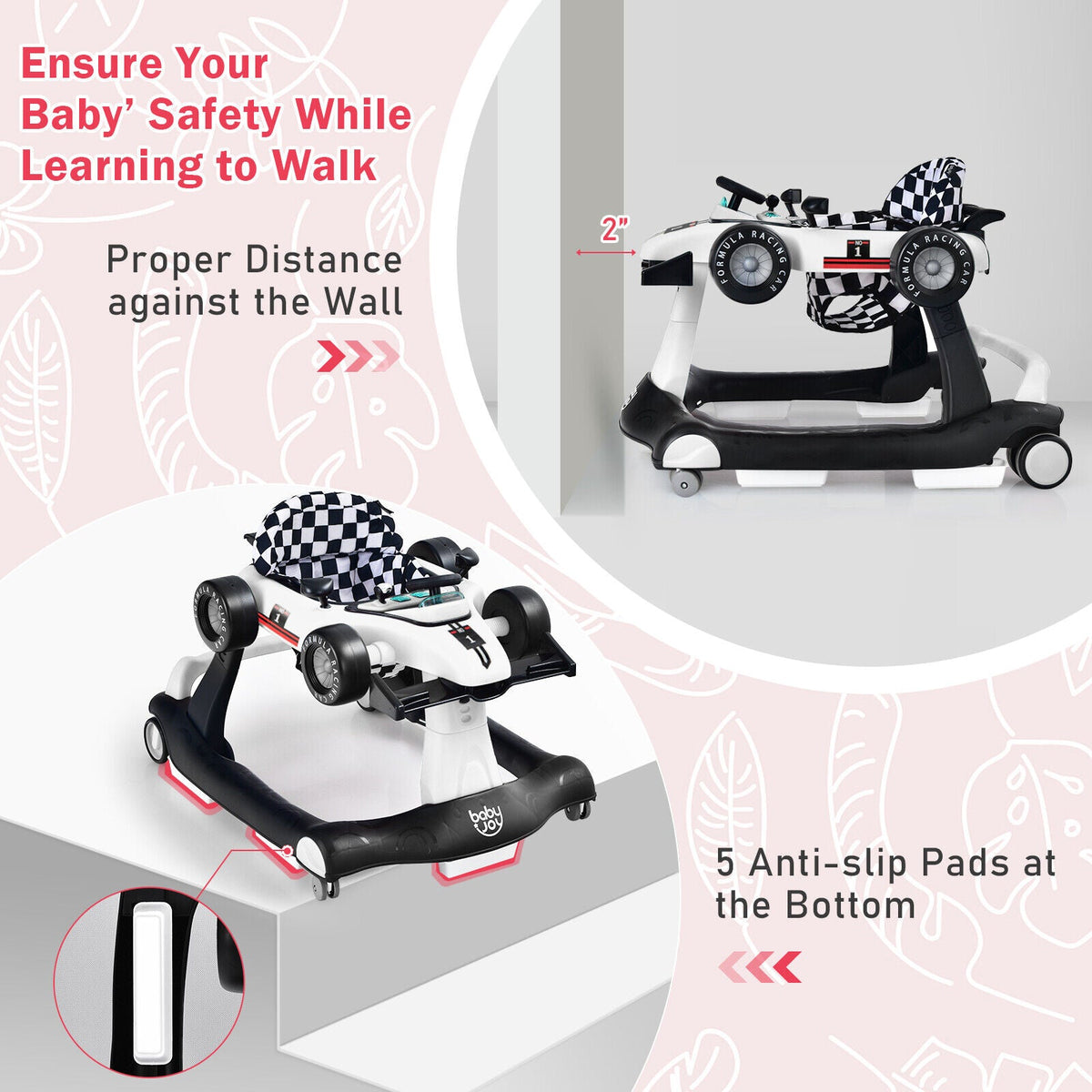 4-in-1 Foldable Activity Push Walker with Adjustable Height-White