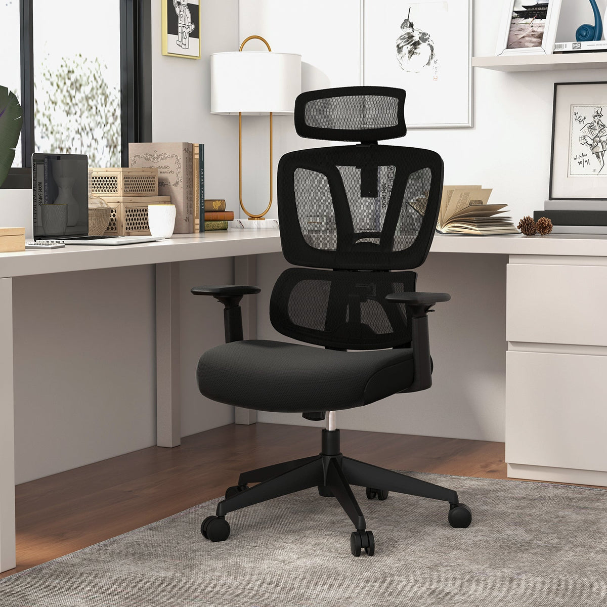 Ergonomic Office Chair with N Type Lumbar Support and Adjustable Headrest-Black