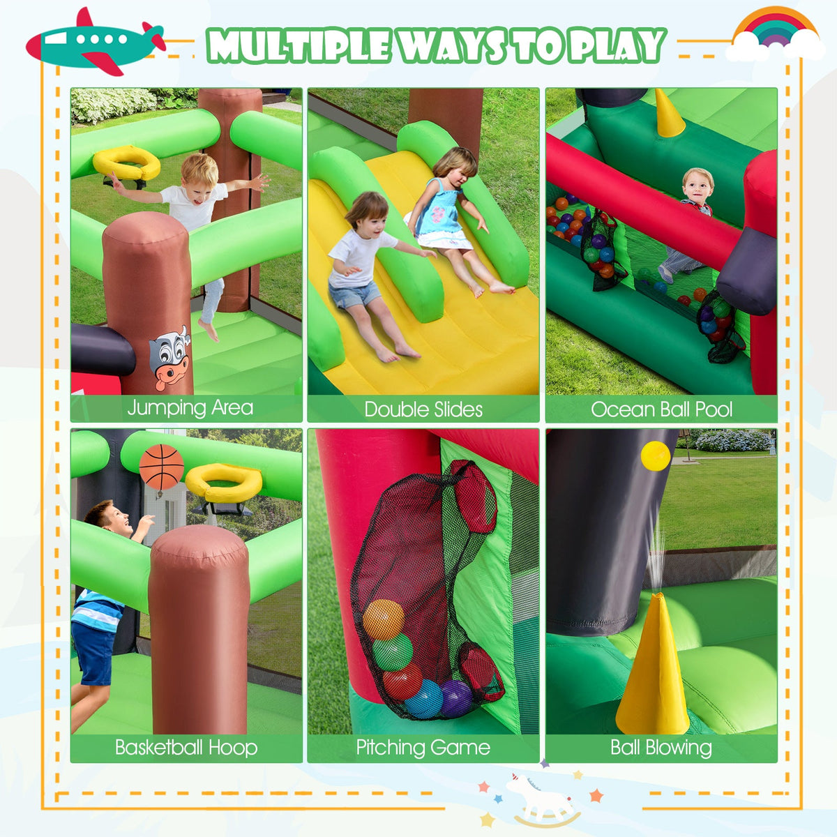 6-in-1 Inflatable Bounce House with Double Slides without Blower