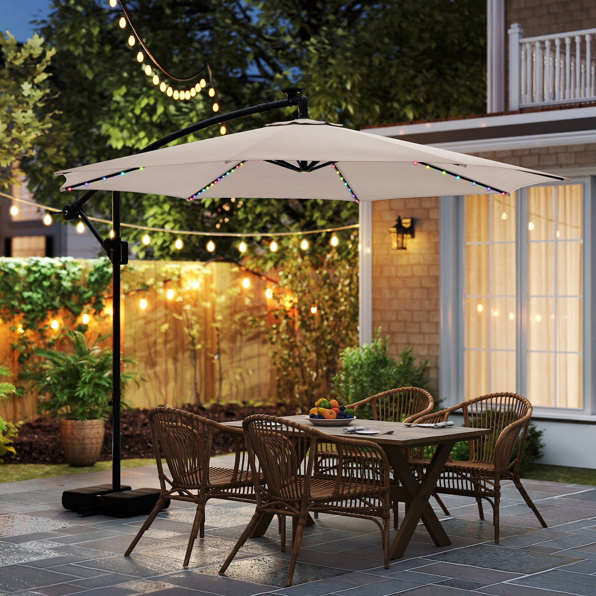 10 Feet Solar Offset Hanging Umbrella with Base and LED Lights
