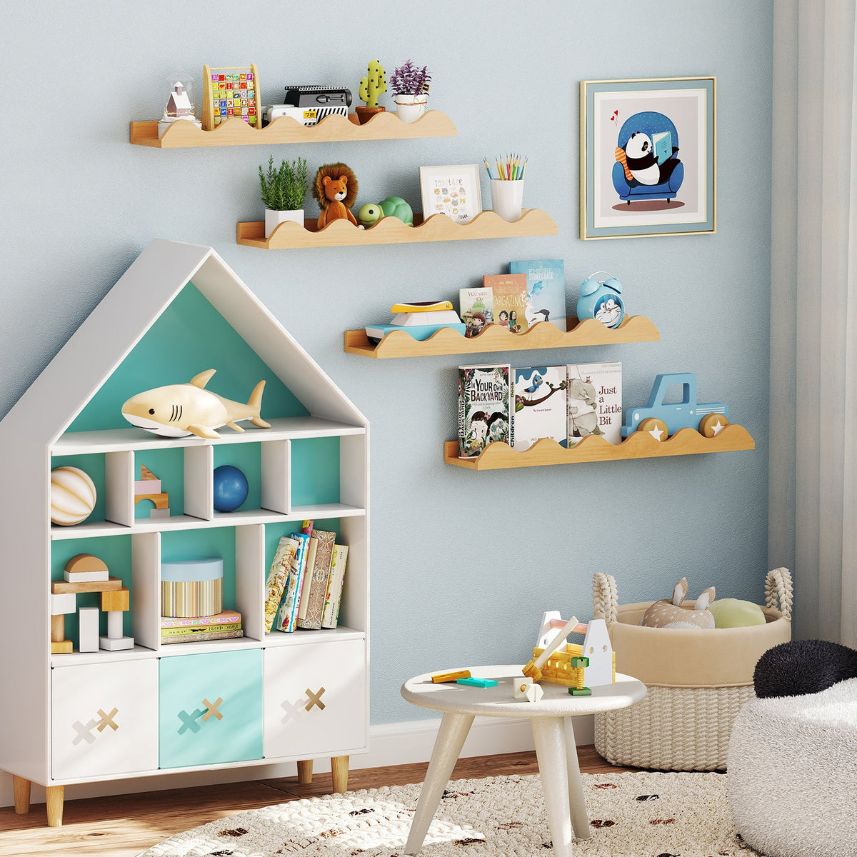 24 Inch Kids Bookshelf Set of 4 Wall-Mounted Picture Ledge Shelf-Natural