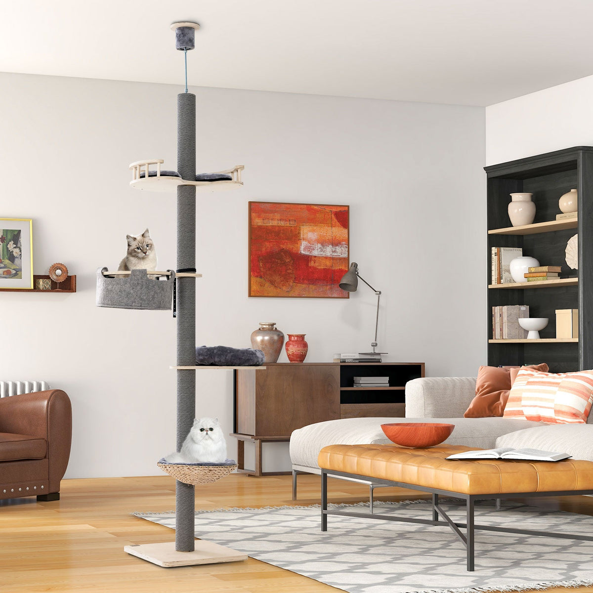 Floor to Ceiling Cat Tree with 93 Inch-107 Inch Adjustable Height-Gray