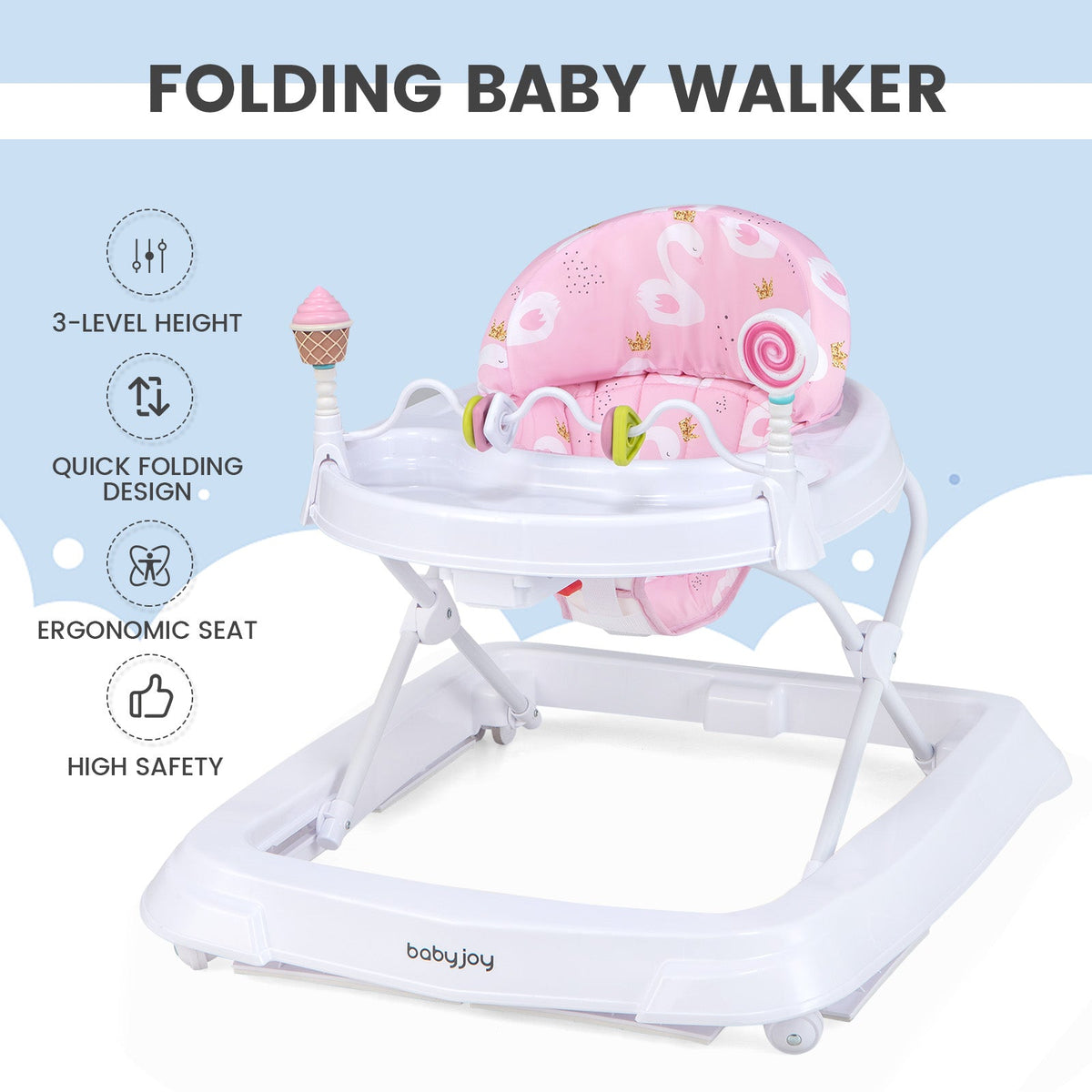 Foldable Baby Activity Walker with Adjustable Height and Detachable Seat Cushion-Pink