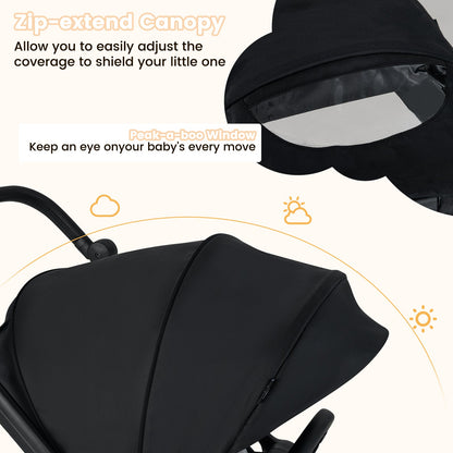 Foldable Infant Pram Stroller with Reversible Seat Reclining Backrest-Black