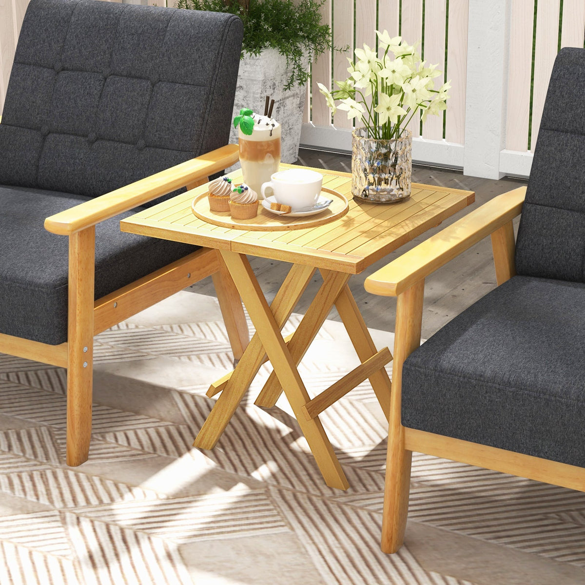 Patio Folding Side Table with X-shaped Legs and Slatted Tabletop