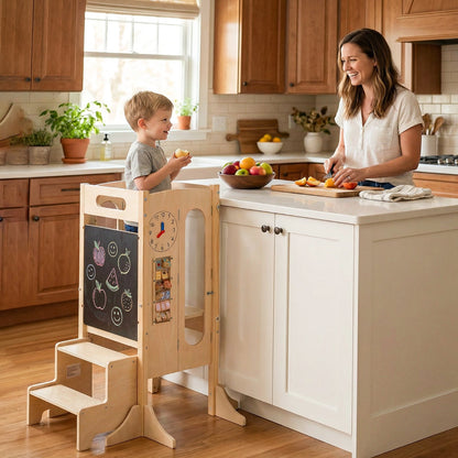 Foldable Toddler Tower with 2-Step Stool and Safety Net for 3+ Years Old