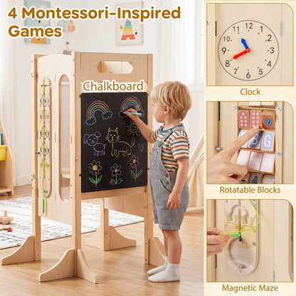 Foldable Toddler Tower with 2-Step Stool and Safety Net for 3+ Years Old