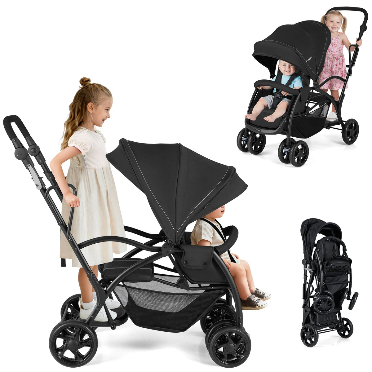 Foldable Twin Tandem Stroller Sit and Stand Double Stroller with Adjustable Handle Bar-Black