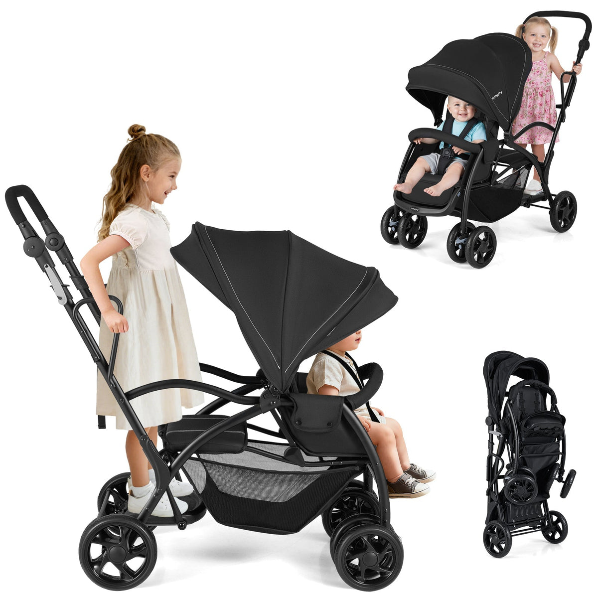 Foldable Twin Tandem Stroller Sit and Stand Double Stroller with Adjustable Handle Bar-Black