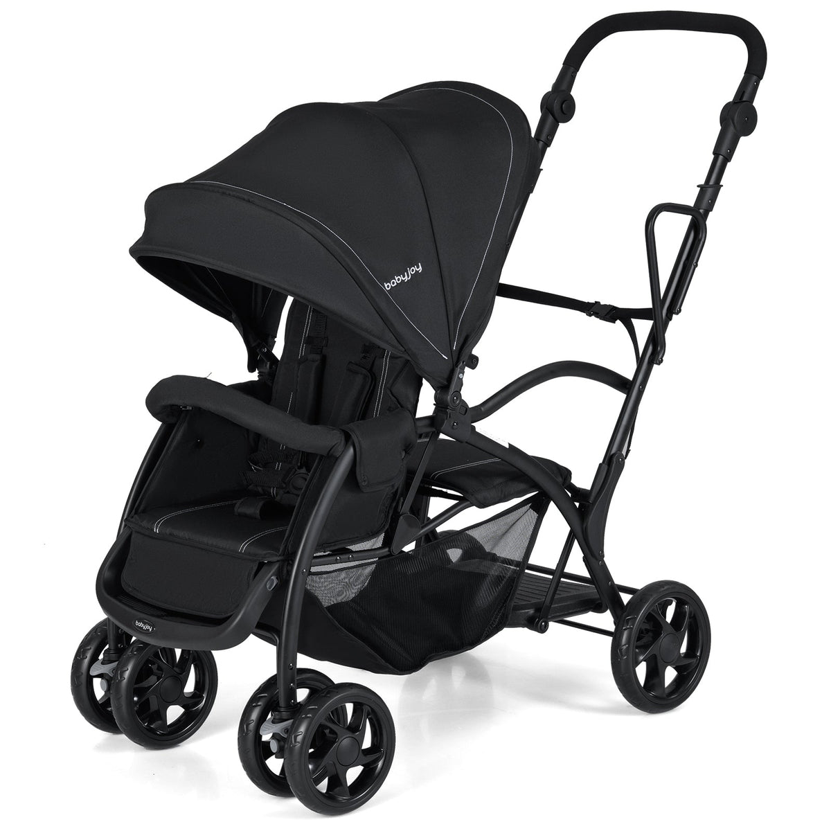 Foldable Twin Tandem Stroller Sit and Stand Double Stroller with Adjustable Handle Bar-Black