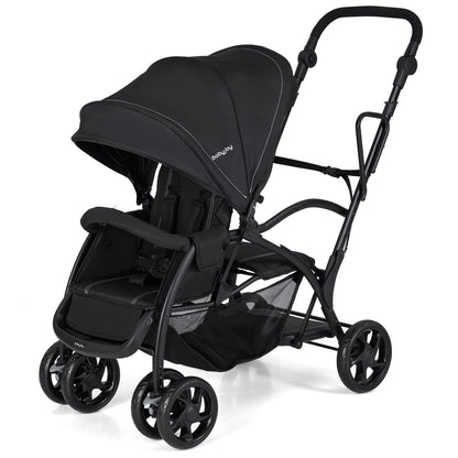 Foldable Twin Tandem Stroller Sit and Stand Double Stroller with Adjustable Handle Bar-Black