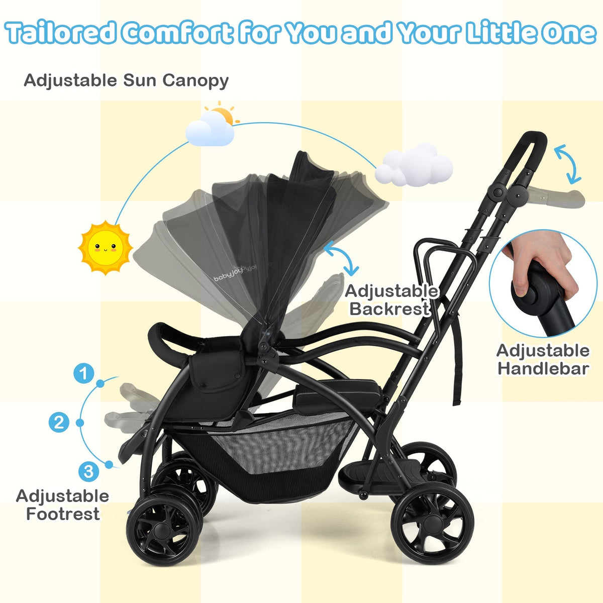 Foldable Twin Tandem Stroller Sit and Stand Double Stroller with Adjustable Handle Bar-Black