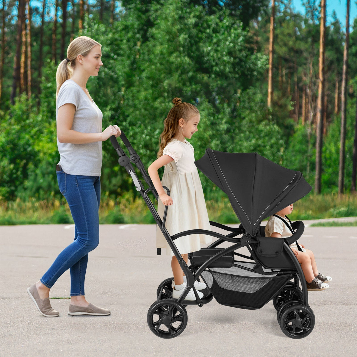 Foldable Twin Tandem Stroller Sit and Stand Double Stroller with Adjustable Handle Bar-Black