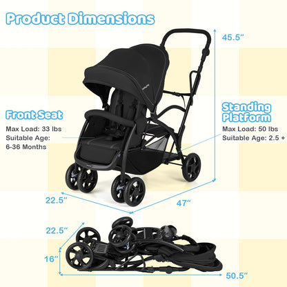 Foldable Twin Tandem Stroller Sit and Stand Double Stroller with Adjustable Handle Bar-Black