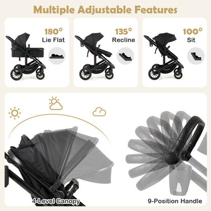 3-in-1 Folding Convertible Newborn Stroller with Detachable Bassinet-Black