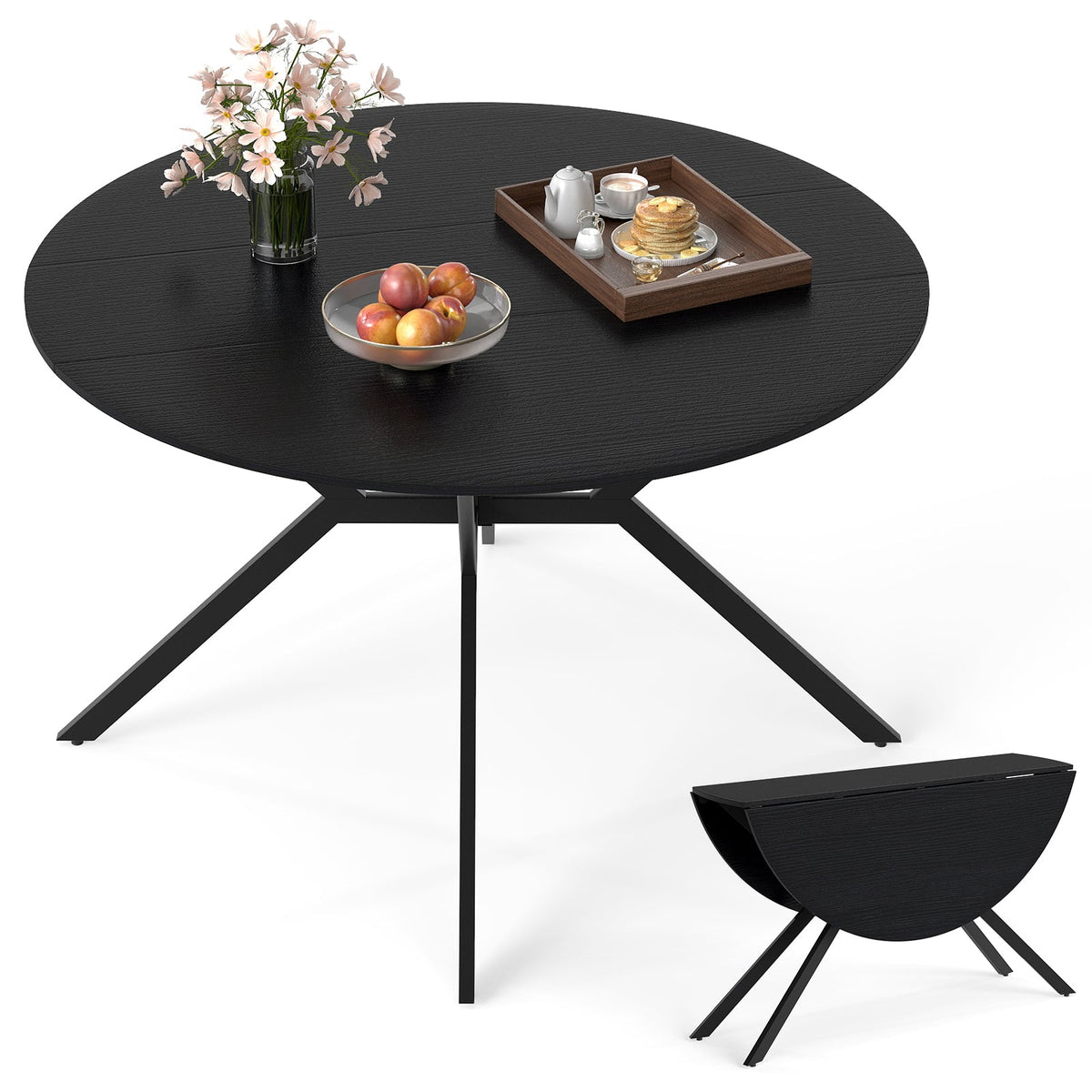 Folding Dining Table 47 Inch Extendable Round Kitchen Table with Drop Leaves