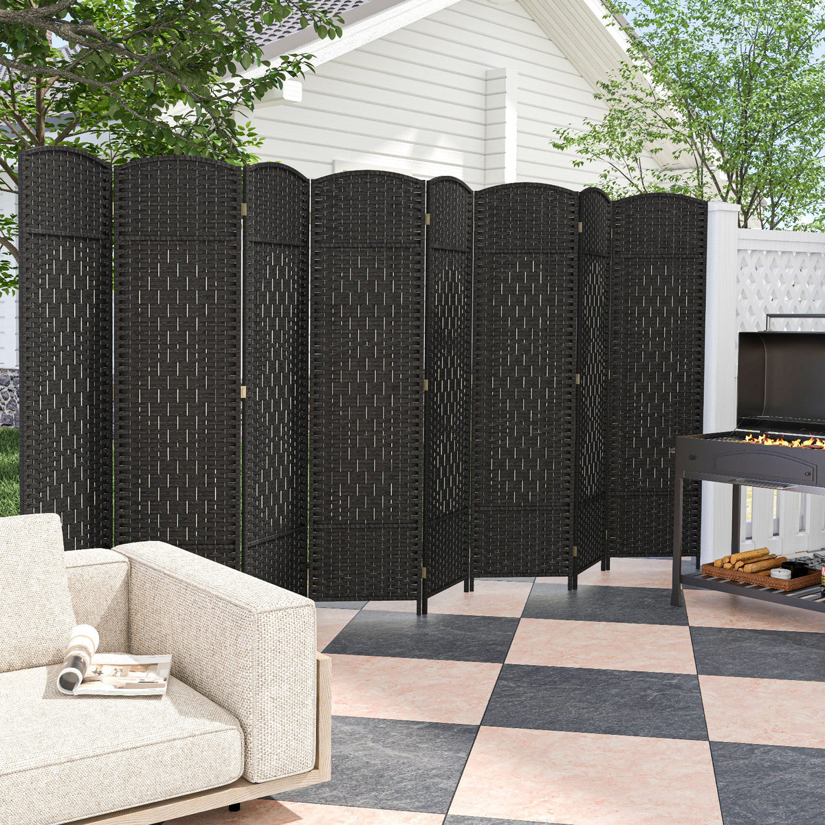 8-Panel Folding Room Divider with Hand-Woven Texture and Solid Wood Frame
