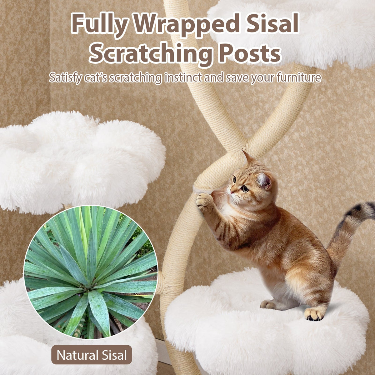 Freestanding Cat Tower with four Flower-shaped Platforms and Sisal Scratching Posts-White