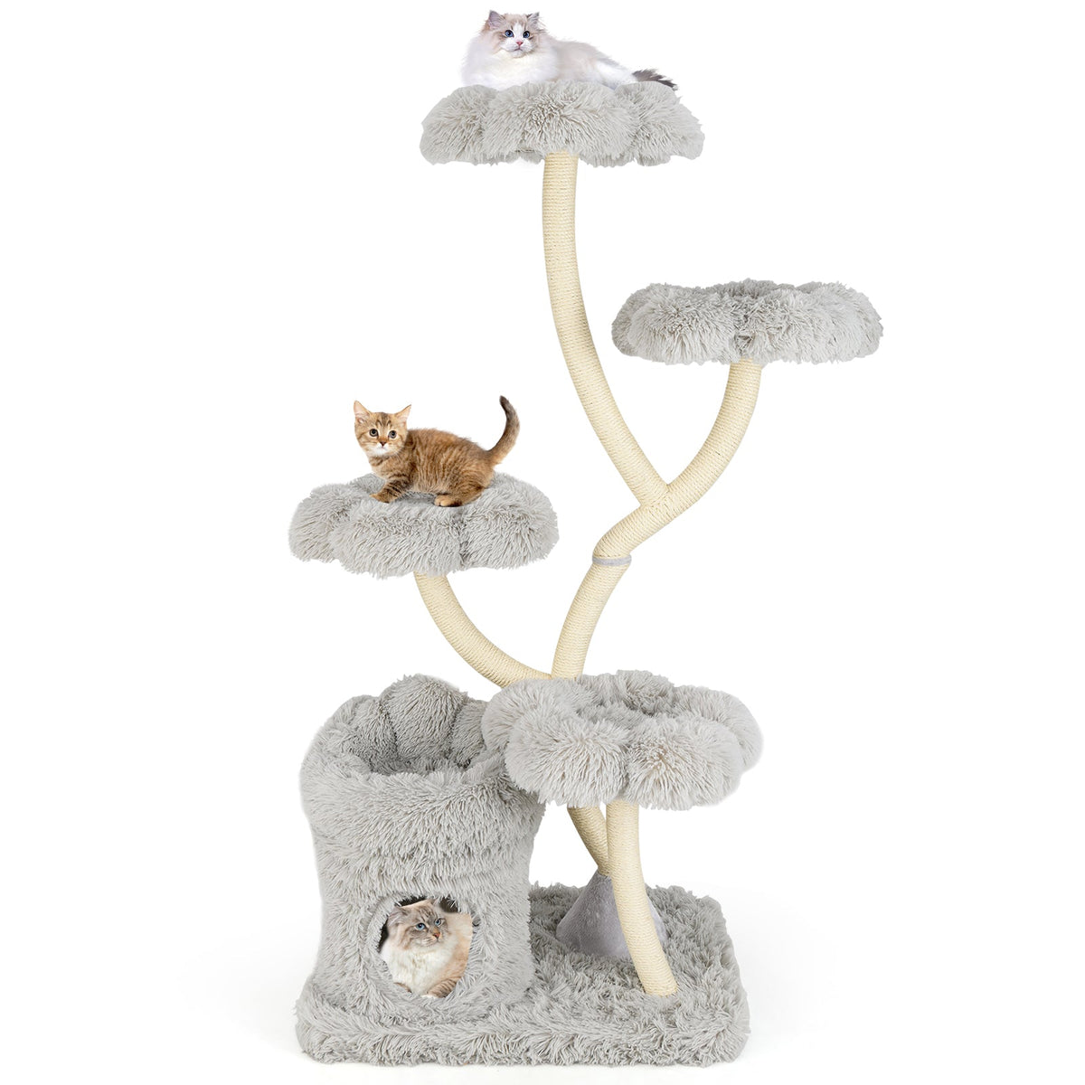 Freestanding Cat Tower with four Flower-shaped Platforms and Sisal Scratching Posts-Gray