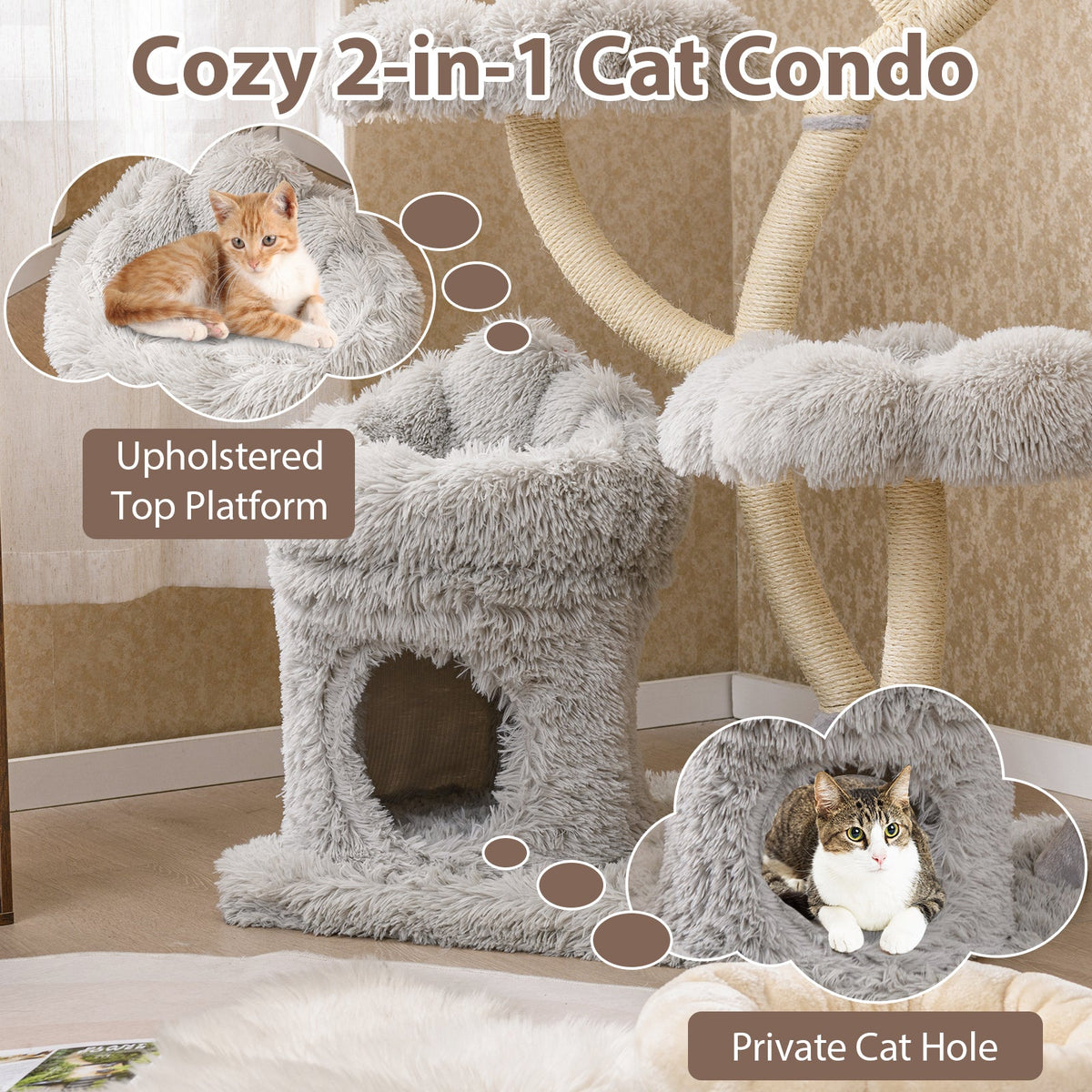 Freestanding Cat Tower with four Flower-shaped Platforms and Sisal Scratching Posts-Gray