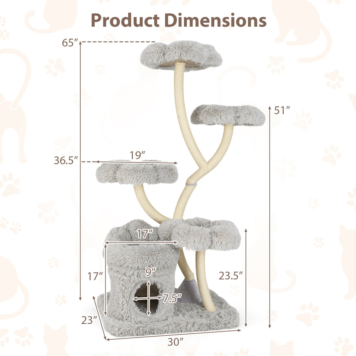 Freestanding Cat Tower with four Flower-shaped Platforms and Sisal Scratching Posts-Gray