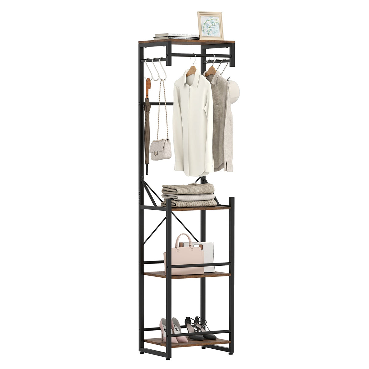 Freestanding Coat Rack with 4 Storage Shelves and 6 Hooks-Rustic Brown