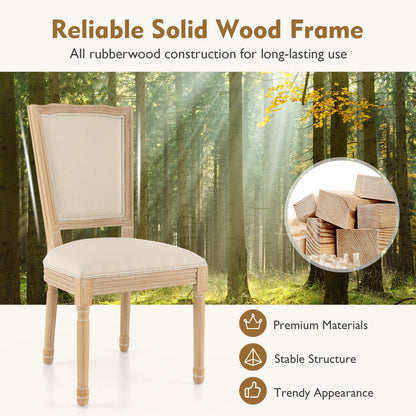 French Dining Chair Set of 2 with Rectangular Backrest and Solid Rubber Wood Frame-Beige