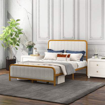 Upholstered Gold Platform Bed Frame with Velvet Headboard