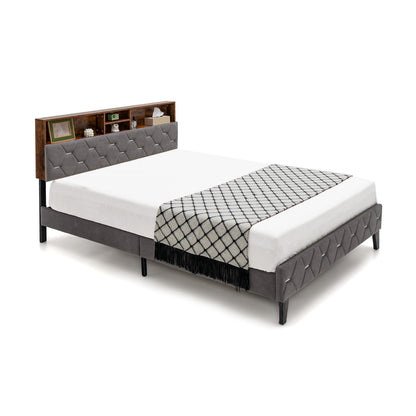 Full/Queen Size Upholstered Bed Frame with Storage Headboard