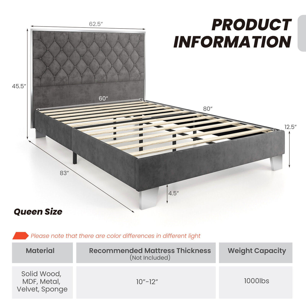 Full/Queen Size Upholstered Bed Frame with Velvet Headboard
