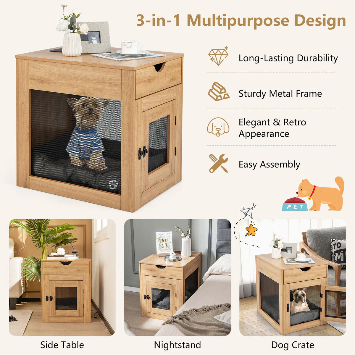 Furniture Style Dog Kennel with Drawer and Removable Dog Bed-Natrual