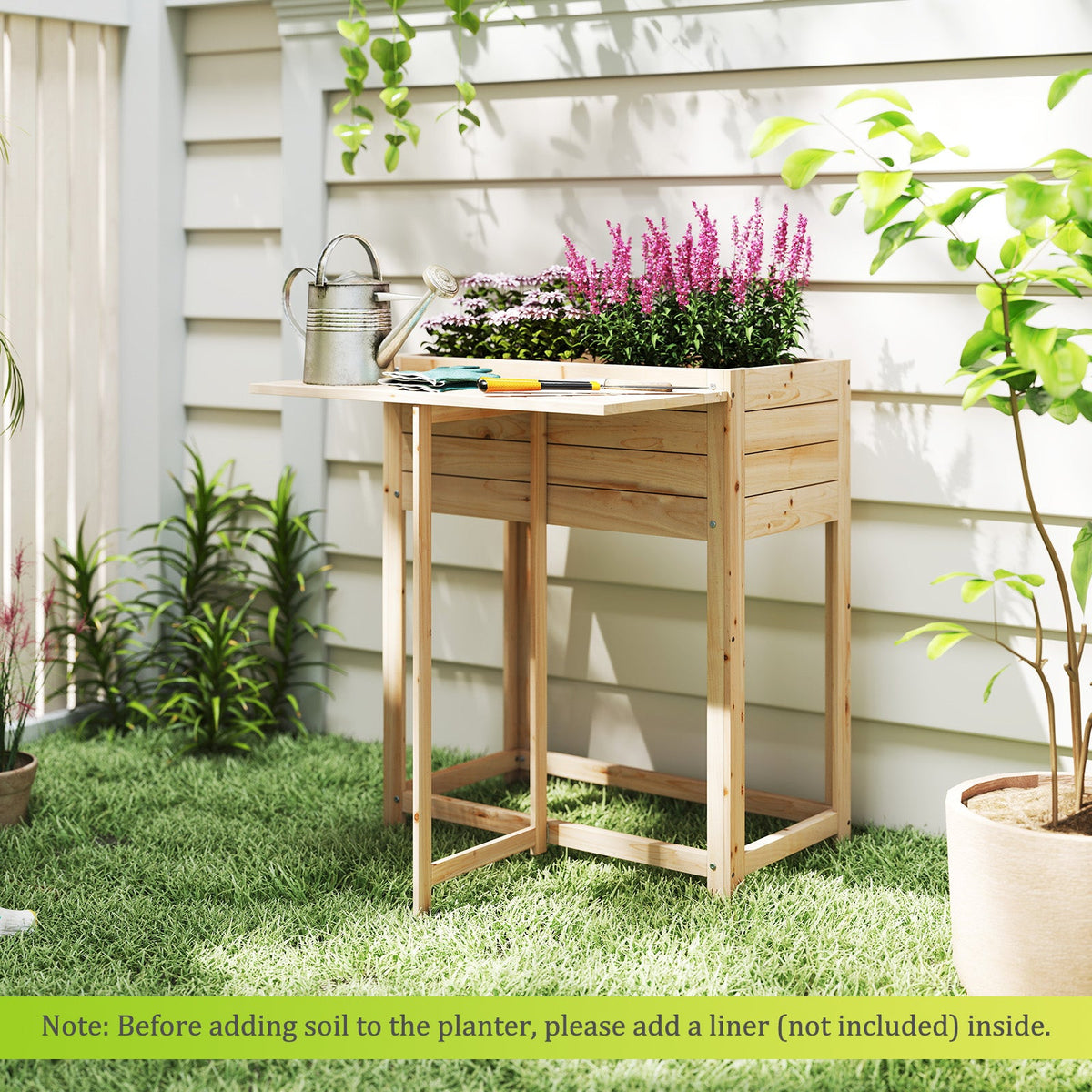 Wooden Raised Garden Bed with Legs and Foldable Side Table