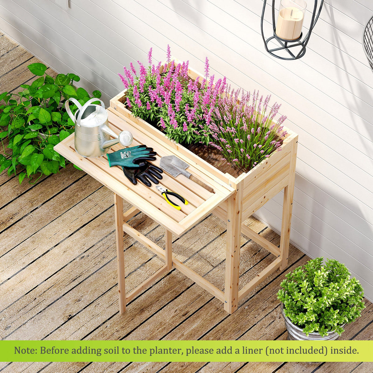Wooden Raised Garden Bed with Legs and Foldable Side Table